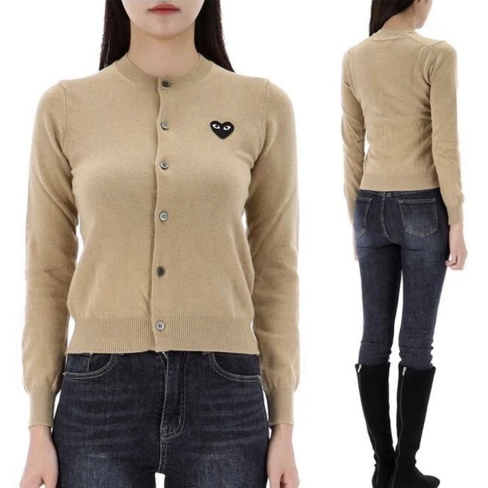 COMME DES GARCONS Play‎ Black Heart Patch Mustard Cardigan Sweater Women's 2XL